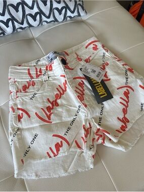 Abella White Jean Shorts with Red Script Print